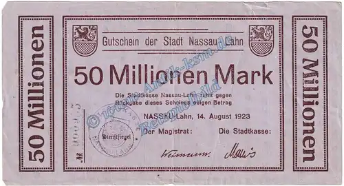 Nassau-Lahn , Banknote 50 Millionen Mark Schein in gbr. Keller 3725.g , Hessen 1923 Grossnotgeld - Inflation