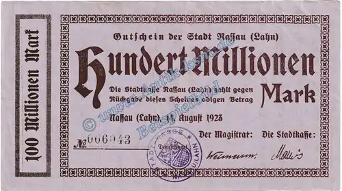 Nassau-Lahn , Banknote 100 Millionen Mark Schein in gbr. Keller 3725.g , Hessen 1923 Grossnotgeld - Inflation