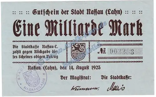 Nassau-Lahn , Banknote 1 Milliarde Mark Schein in kfr. Keller 3725.i , Hessen 1923 Grossnotgeld - Inflation