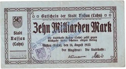 Nassau-Lahn , Banknote 10 Milliarden Mark Schein in gbr. Keller 3725.i , Hessen 1923 Grossnotgeld - Inflation