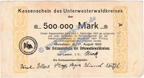 Montabaur , Banknote 500.000 Mark Schein in gbr. Keller 5308.c , Hessen 1923 Grossnotgeld - Inflation