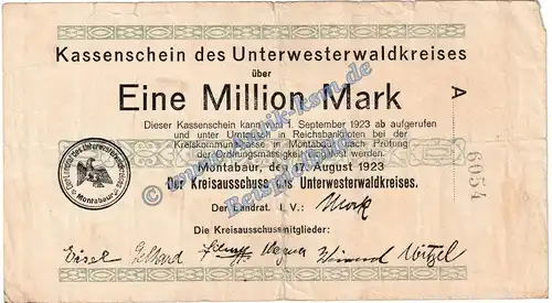 Montabaur , Banknote 1 Million Mark Schein in gbr. Keller 5308.c , Hessen 1923 Grossnotgeld - Inflation
