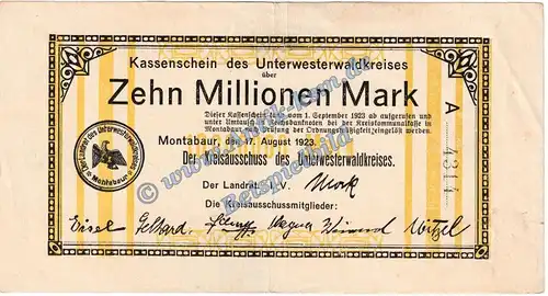 Montabaur , Banknote 10 Million Mark Schein in gbr. Keller 5308.b , Hessen 1923 Grossnotgeld - Inflation