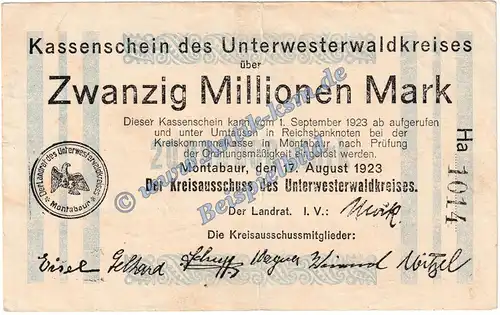 Montabaur , Banknote 20 Million Mark Schein in gbr. Keller 5308.e , Hessen 1923 Grossnotgeld - Inflation
