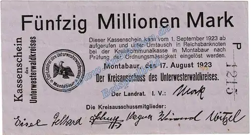 Montabaur , Banknote 50 Millionen Mark Schein in gbr. Keller 5308.i , Hessen 1923 Grossnotgeld - Inflation