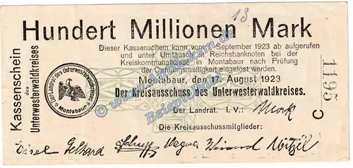 Montabaur , Banknote 100 Millionen Mark Schein in gbr. Keller 5308.h.1 , Hessen 1923 Grossnotgeld - Inflation