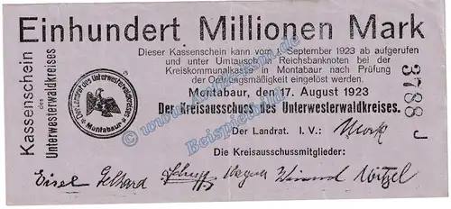 Montabaur , Banknote 100 Millionen Mark Schein in gbr. Keller 5308.i , Hessen 1923 Grossnotgeld - Inflation