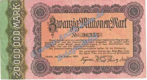 Trier , Banknote 20 Millionen Mark Schein in gbr. Keller 5229.g-h , Rheinland 1923 Grossnotgeld - Inflation