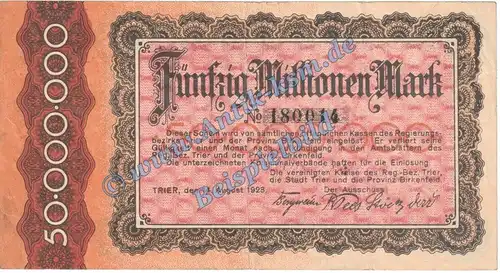 Trier , Banknote 50 Millionen Mark Schein in gbr. Keller 5229.i , Rheinland 1923 Grossnotgeld - Inflation