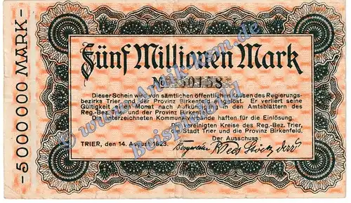 Trier , Banknote 5 Millionen Mark Schein in gbr. Keller 5229.c , Rheinland 1923 Grossnotgeld - Inflation