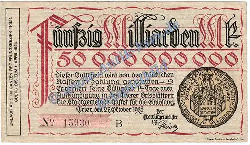 Trier , Banknote 50 Milliarden Mark Schein in gbr. Keller 5209.y , Rheinland 1923 Grossnotgeld - Inflation