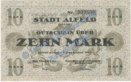 Alfeld , Banknote 10 Mark Schein in kfr.E , Geiger 007.04.a , Niedersachsen 1918 Grossnotgeld