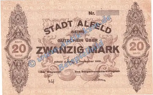 Alfeld , Banknote 20 Mark MUSTER-Schein in kfr. Geiger 007.05.M , Niedersachsen 1918 Grossnotgeld
