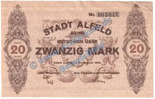 Alfeld , Banknote 20 Mark Schein in gbr. Geiger 007.05.a , Niedersachsen 1918 Grossnotgeld