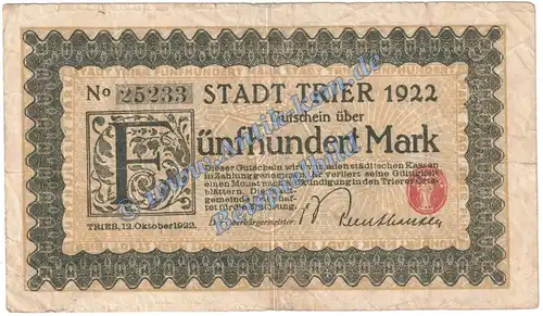 Trier , Banknote 500 Mark Schein in gbr. Müller 4770.3 , Rheinland 1922 Grossnotgeld