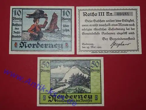 Notgeld Gemeinde Norderney 984.2 , Reihe III Set mit 3 Scheinen in kfr. von 1921 , Niedersachsen Seriennotgeld