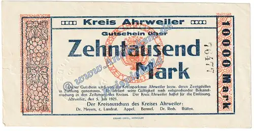 Ahrweiler , Banknote 10.000 Mark Schein in gbr. Keller 20.a.1-2 , Rheinland 1923 Grossnotgeld - Inflation