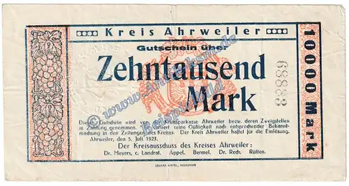 Ahrweiler , Banknote 10.000 Mark Schein in gbr. Keller 20.a.4 , Rheinland 1923 Grossnotgeld - Inflation