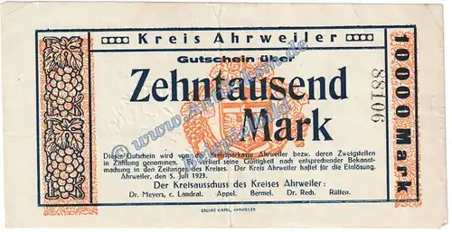 Ahrweiler , Banknote 10.000 Mark Schein in gbr. Keller 20.a.3 , Rheinland 1923 Grossnotgeld - Inflation