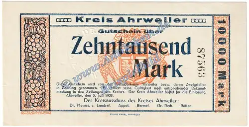Ahrweiler , Banknote 10.000 Mark Schein in kfr. Keller 20.a.3 , Rheinland 1923 Grossnotgeld - Inflation
