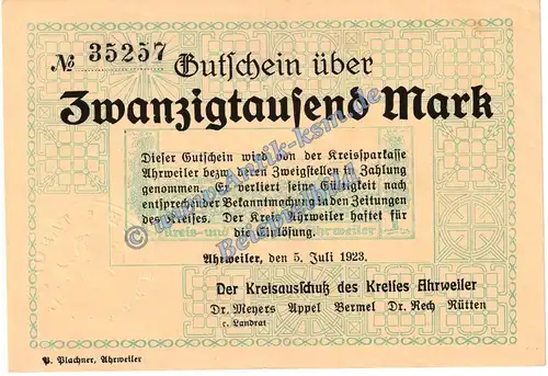 Ahrweiler , Banknote 20.000 Mark Schein in kfr. Keller 20.a.5 , Rheinland 1923 Grossnotgeld - Inflation