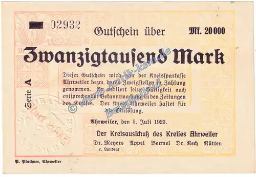 Ahrweiler , Banknote 20.000 Mark Schein in kfr. Keller 20.a.9 , Rheinland 1923 Grossnotgeld - Inflation