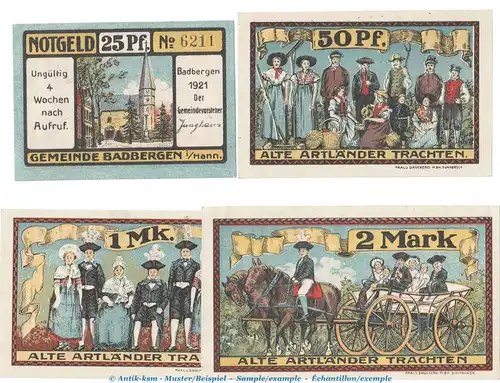 Notgeld Gemeinde Badbergen 58.1 , Set mit 4 Scheinen in kfr. von 1921 , Niedersachsen Seriennotgeld