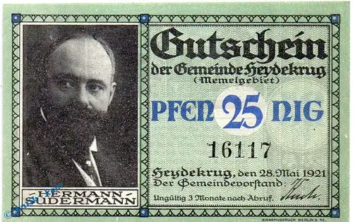 Notgeld Heydekrug , 25 Pfennig Schein in kfr. Wz Quadrate , Mehl Grabowski 607.1 a , von 1921 , Ostpreussen Seriennotgeld