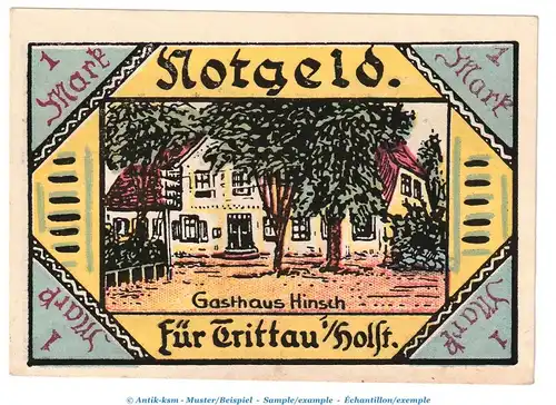 Notgeld Gemeinde Trittau 1347.3 , 1 Mark Schein Nr.1 in kfr. o.D. Schleswig Holstein Seriennotgeld
