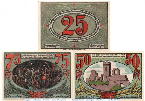 Notgeld der Gemeinde Gnarrenburg , 443.1 Set mit 3 Scheinen in kassenfrisch , o.D. Niedersachsen Seriennotgeld