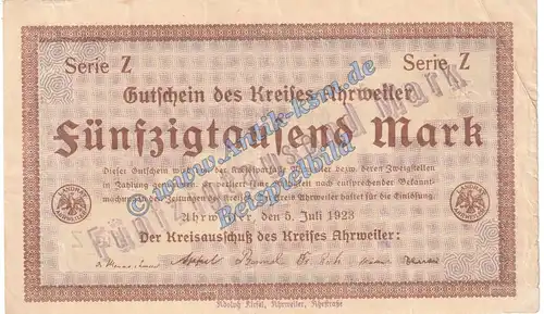 Ahrweiler , Banknote 50.000 Mark Schein in gbr. Keller 20.a.22 , Rheinland 1923 Grossnotgeld - Inflation