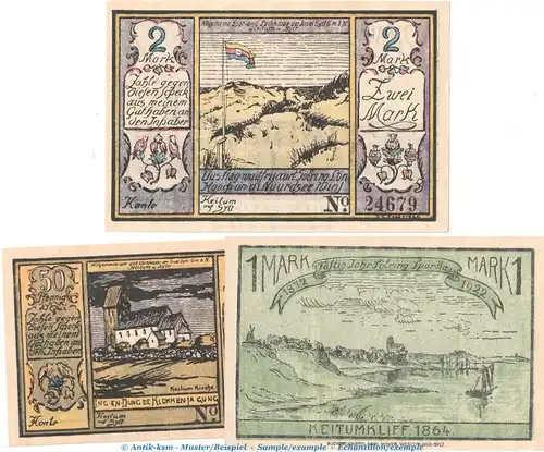 Keitum auf Sylt 684.1 , Set mit 3 Scheinen in kfr. von 1922 , Schleswig Holstein Seriennotgeld