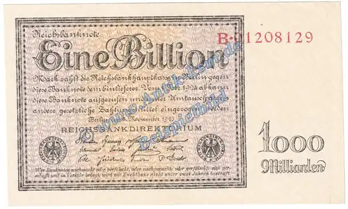 Banknote , 1 Billion Mark Schein in kfr. DEU-162.a, Ros.131, P.134 von 1923 , Weimarer Republik - Inflation