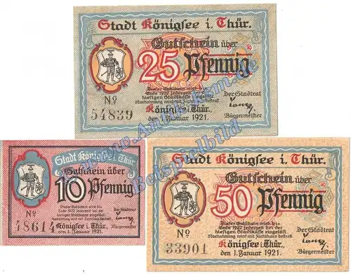 Königsee , Notgeld Set mit 3 Scheinen in kfr. M-G 725.1 , Thüringen 1921 Seriennotgeld