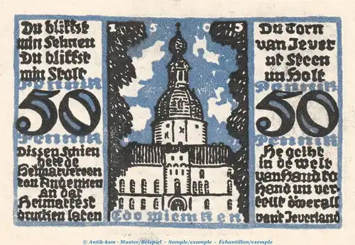 Notgeld Heimatverein Jever 661.1 , 50 Pfennig Schein Nr.1 in kfr. von 1921 , Niedersachsen Seriennotgeld