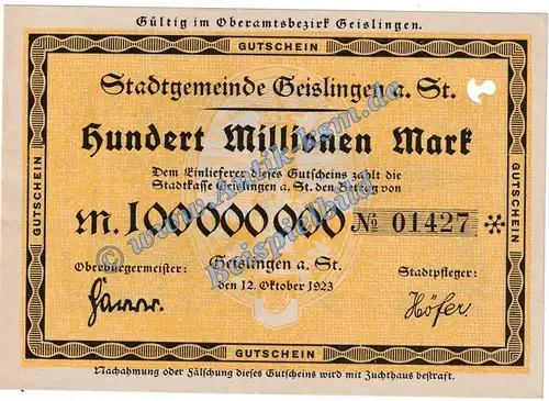 Geislingen , Banknote 100 Millionen Mark Schein in kfr. Keller 1693.b , Württemberg 1923 Grossnotgeld - Inflation