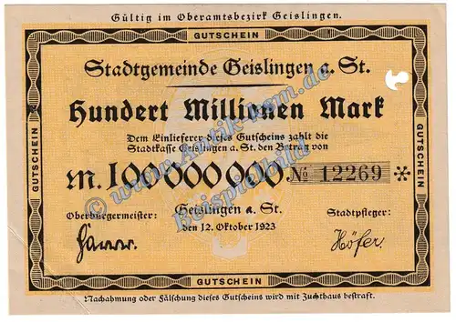 Geislingen , Banknote 100 Millionen Mark Schein in L-gbr. Keller 1693.b , Württemberg 1923 Grossnotgeld - Inflation