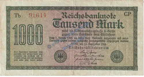 Banknote , 1.000 Mark Schein Kn 5-stellig in gbr. DEU-86.c, Ros.75, P.76, vom 15.09.1922 , Weimarer Republik Inflation