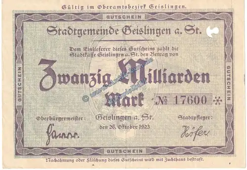 Geislingen , Banknote 20 Milliarden Mark Schein in L-gbr. Keller 1693.c , Württemberg 1923 Grossnotgeld - Inflation