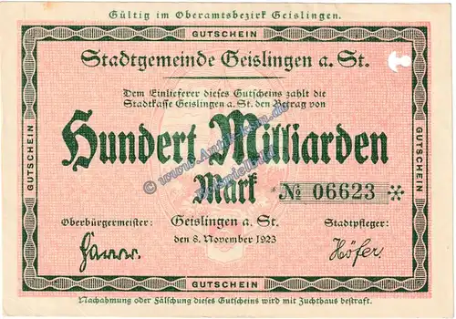 Geislingen , Banknote 100 Milliarden Mark Schein in kfr. Keller 1693.d , Württemberg 1923 Grossnotgeld - Inflation