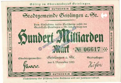 Geislingen , Banknote 100 Milliarden Mark Schein in L-gbr. Keller 1693.d , Württemberg 1923 Grossnotgeld - Inflation