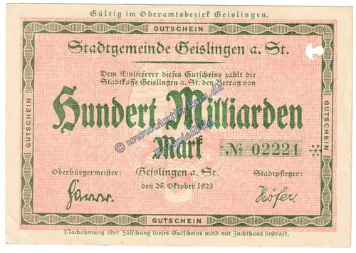 Geislingen , Banknote 100 Milliarden Mark Schein in L-gbr. Keller 1693.c , Württemberg 1923 Grossnotgeld - Inflation