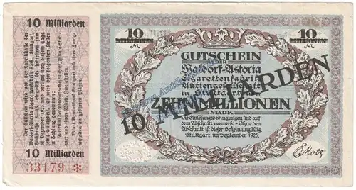 Stuttgart , Banknote 10 Milliarden Mark Schein in L-gbr. Keller 4929.b , Württemberg 1923 Grossnotgeld - Inflation