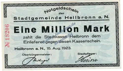 Heilbronn , Banknote 1 Million Mark Schein in kfr. Keller 2294 , Württemberg 1923 Grossnotgeld - Inflation