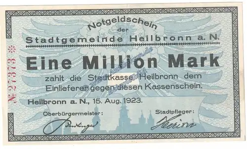 Heilbronn , Banknote 1 Million Mark Schein in L-gbr. Keller 2294 , Württemberg 1923 Grossnotgeld - Inflation