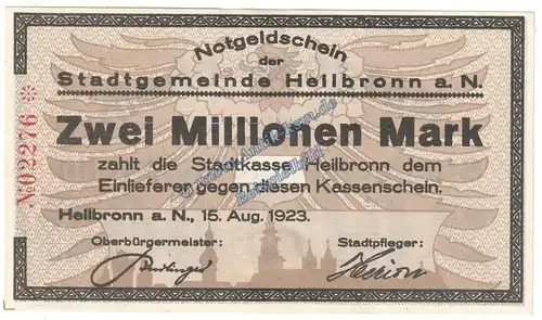 Heilbronn , Banknote 2 Millionen Mark Schein in kfr. Keller 2294 , Württemberg 1923 Grossnotgeld - Inflation