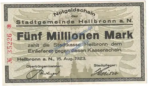 Heilbronn , Banknote 5 Millionen Mark Schein in L-gbr. Keller 2294 , Württemberg 1923 Grossnotgeld - Inflation