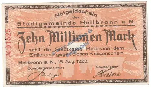 Heilbronn , Banknote 10 Millionen Mark Schein in kfr. Keller 2294 , Württemberg 1923 Grossnotgeld - Inflation
