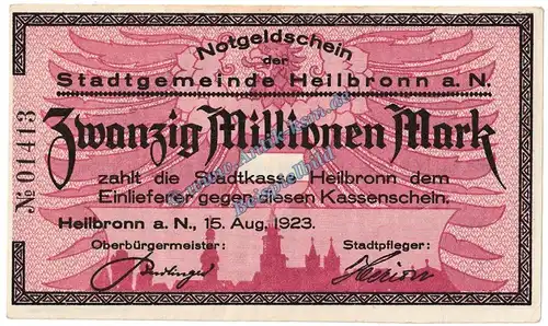 Heilbronn , Banknote 20 Millionen Mark Schein in kfr. Keller 2294 , Württemberg 1923 Grossnotgeld - Inflation