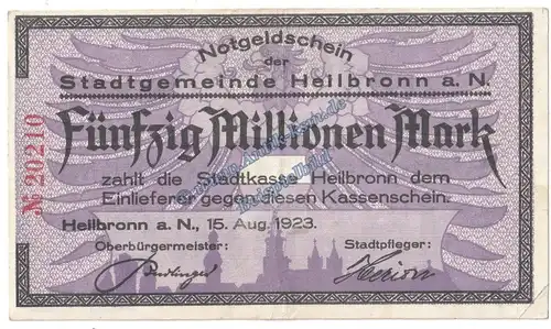 Heilbronn , Banknote 50 Millionen Mark Schein in L-gbr. Keller 2294 , Württemberg 1923 Grossnotgeld - Inflation